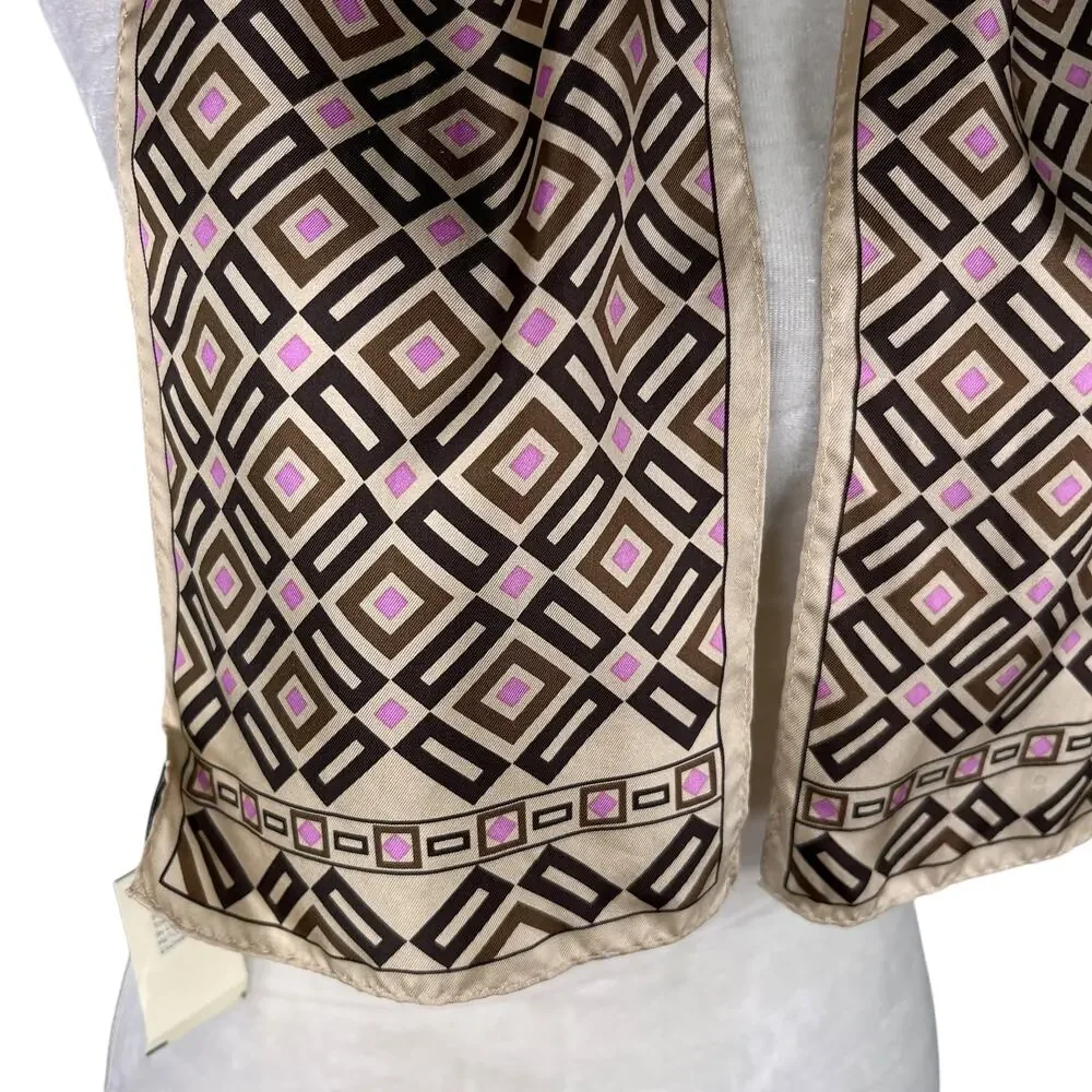 Vintage Ann Taylor Silk Scarf Geometric Brown Beige Pink New